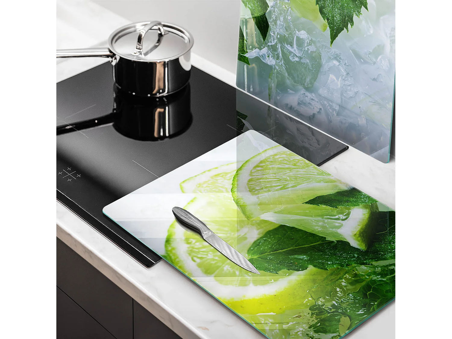Rechteckiges Küchenbrett aus Glas, 2 Stück 40x52 cm Limette, Minze und Eis