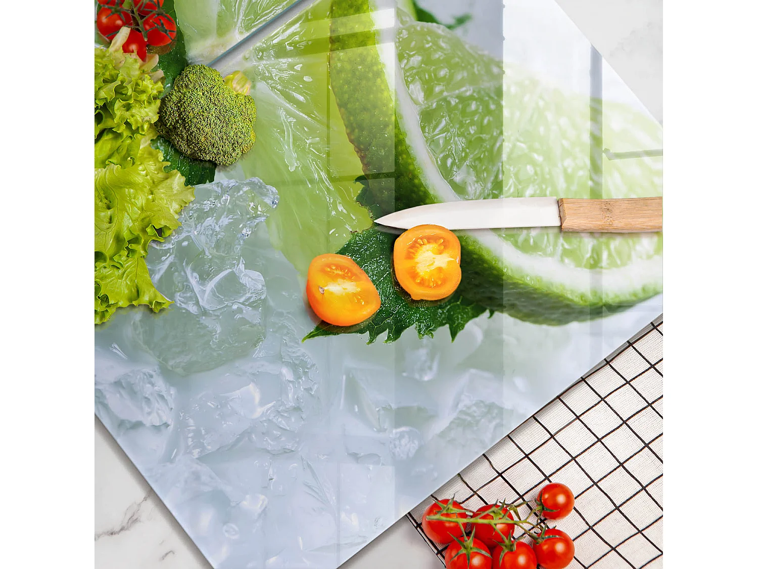 Rechteckiges Küchenbrett aus Glas, 2 Stück 40x52 cm Limette, Minze und Eis