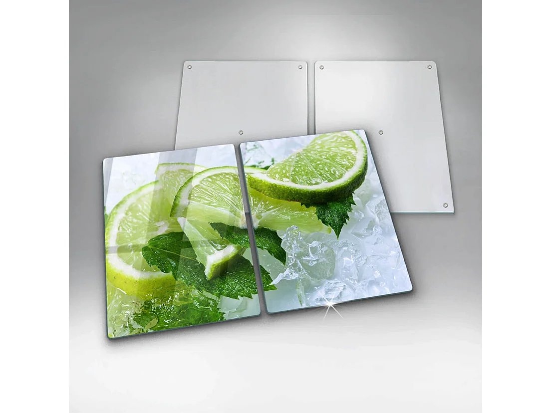 Rechteckiges Küchenbrett aus Glas, 2 Stück 40x52 cm Limette, Minze und Eis