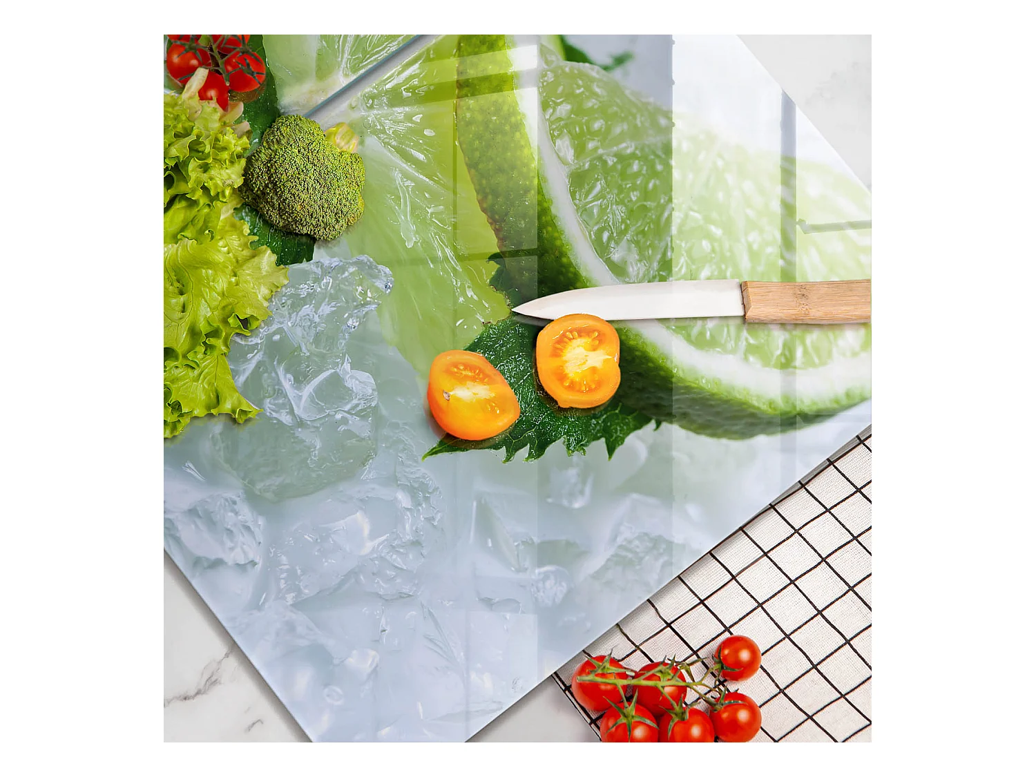 Planche de cuisine rectangulaire en verre, 2 pièces 40x52 cm Citron vert, menthe et glace