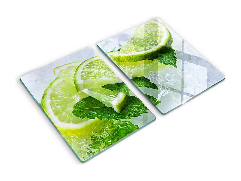 Rechteckiges Küchenbrett aus Glas, 2 Stück 40x52 cm Limette, Minze und Eis