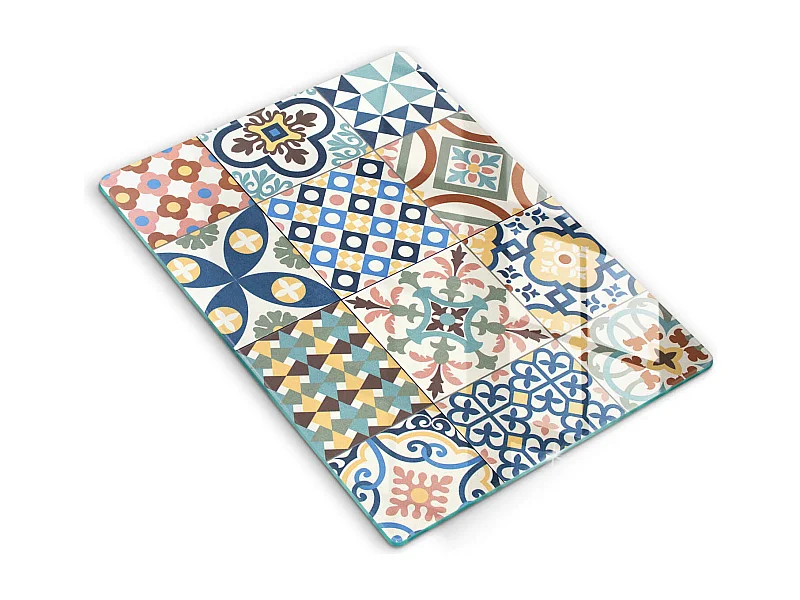 Rechteckiges Küchenbrett aus Glas, 40x52 cm, dekorative Fliesen.