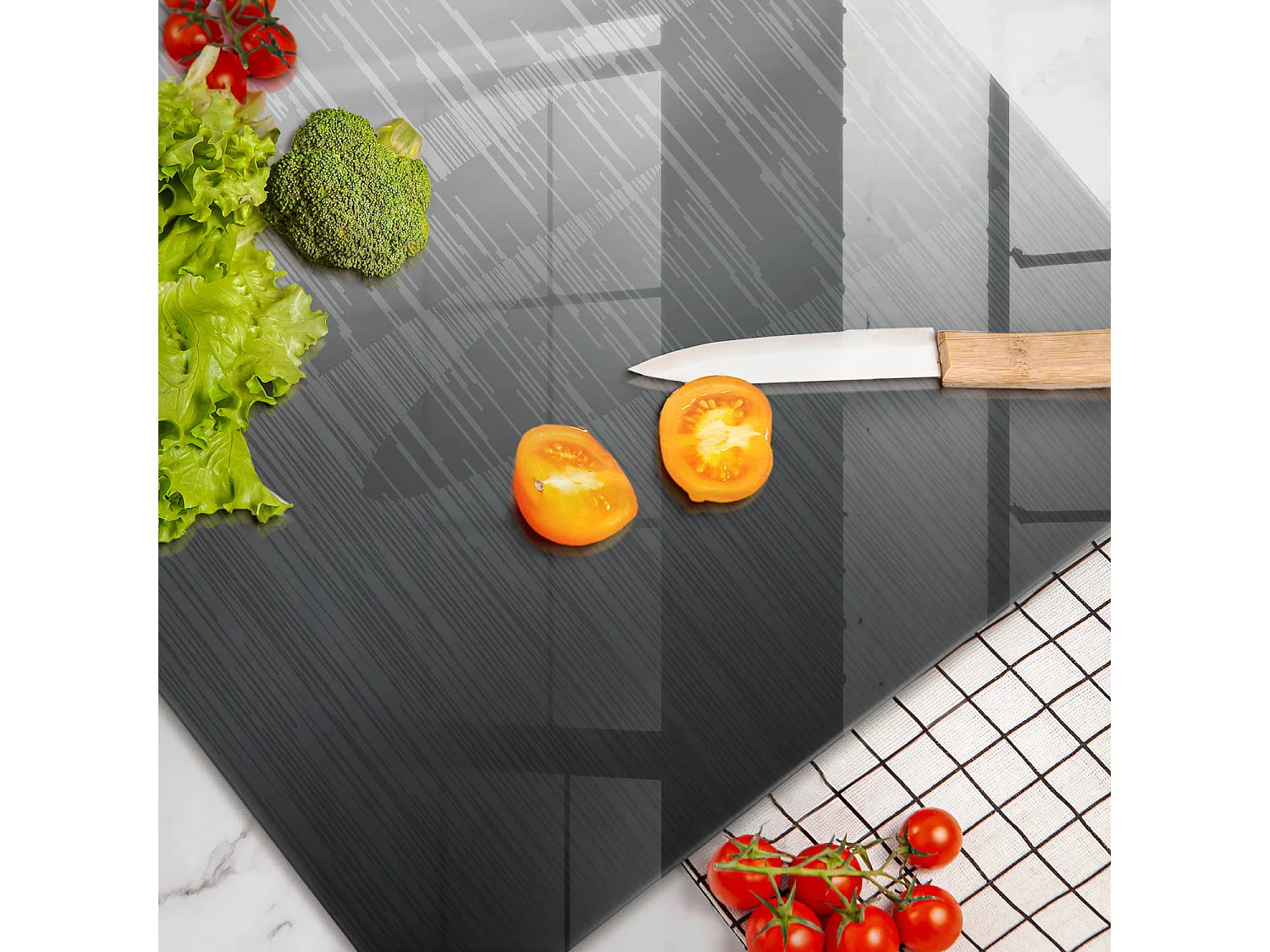 Rechteckiges Küchenbrett aus Glas, 80x52 cm, Metallstruktur