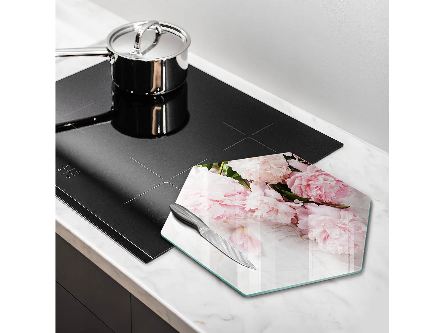Planche de cuisine hexagonale en verre, 40 cm Fleurs roses délicates