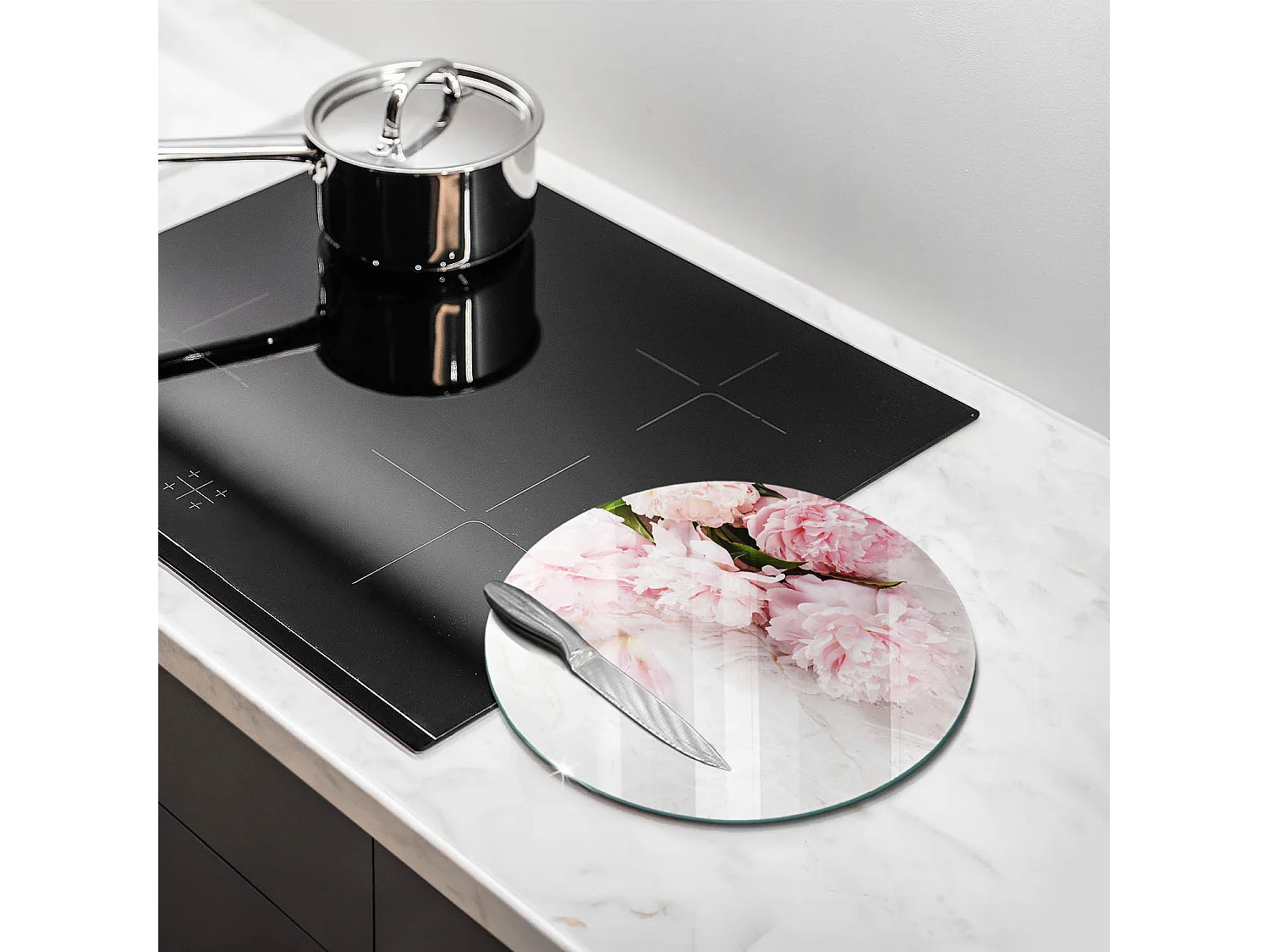 Tagliere da cucina rotondo in vetro, 30 cm Delicati fiori rosa