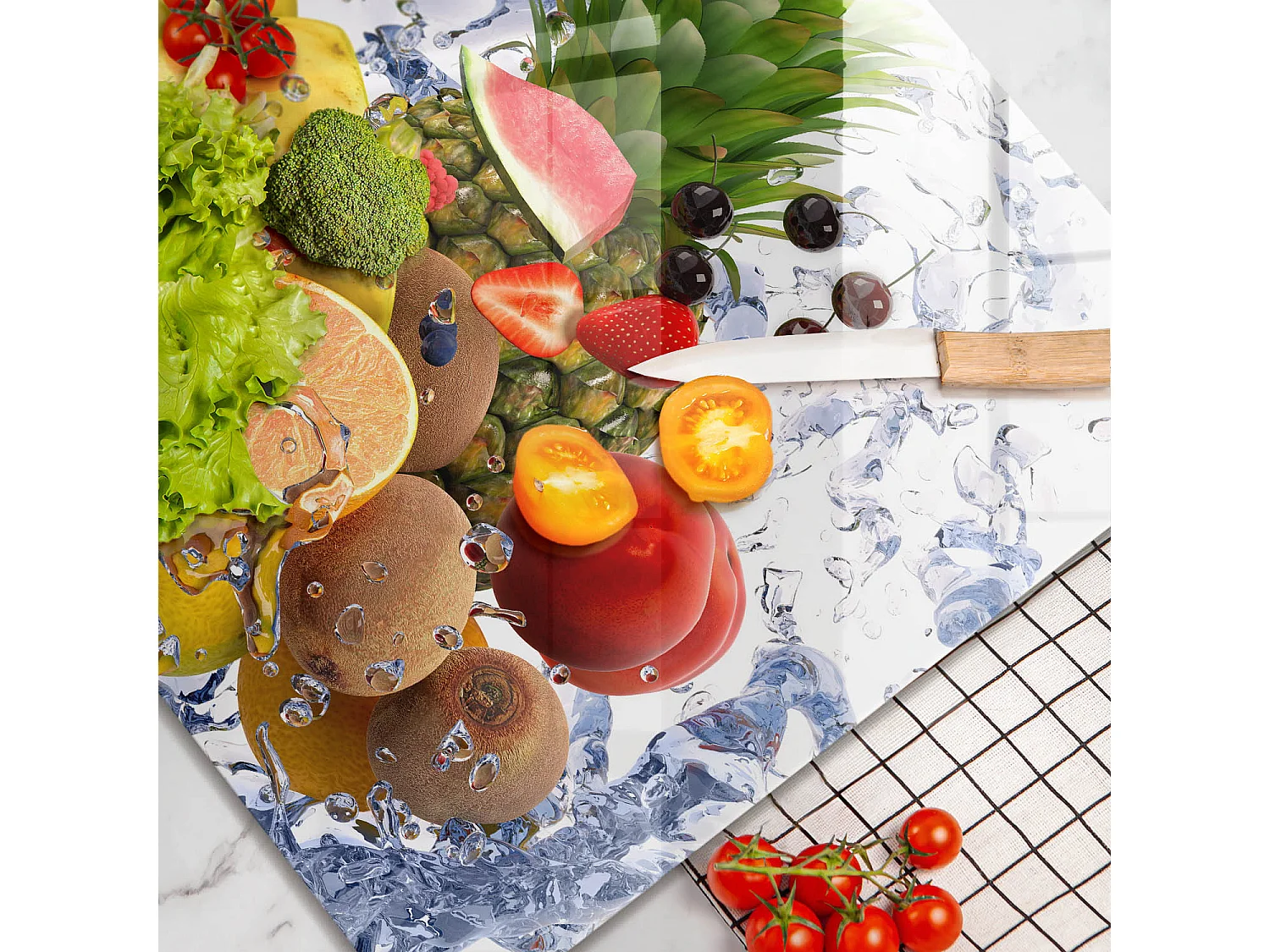 Planche de cuisine rectangulaire en verre, 60x52 cm Fruits juteux et eau