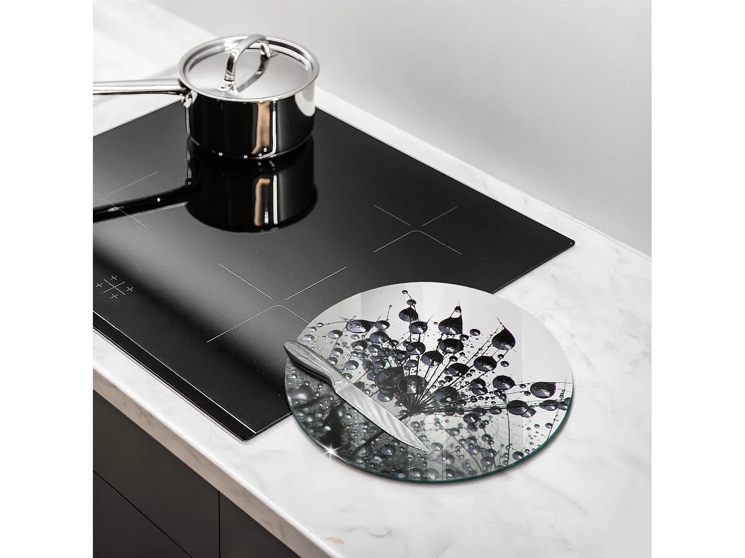 Rundes Küchenbrett aus Glas, 30 cm Löwenzahn und Tau