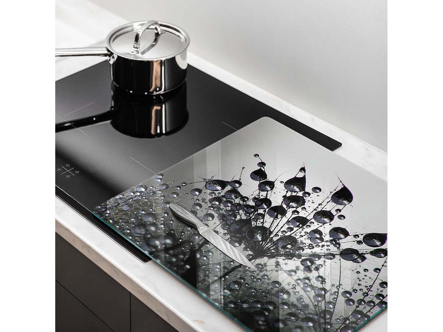 Rechteckiges Küchenbrett aus Glas, 60x52 cm Löwenzahn und Tau