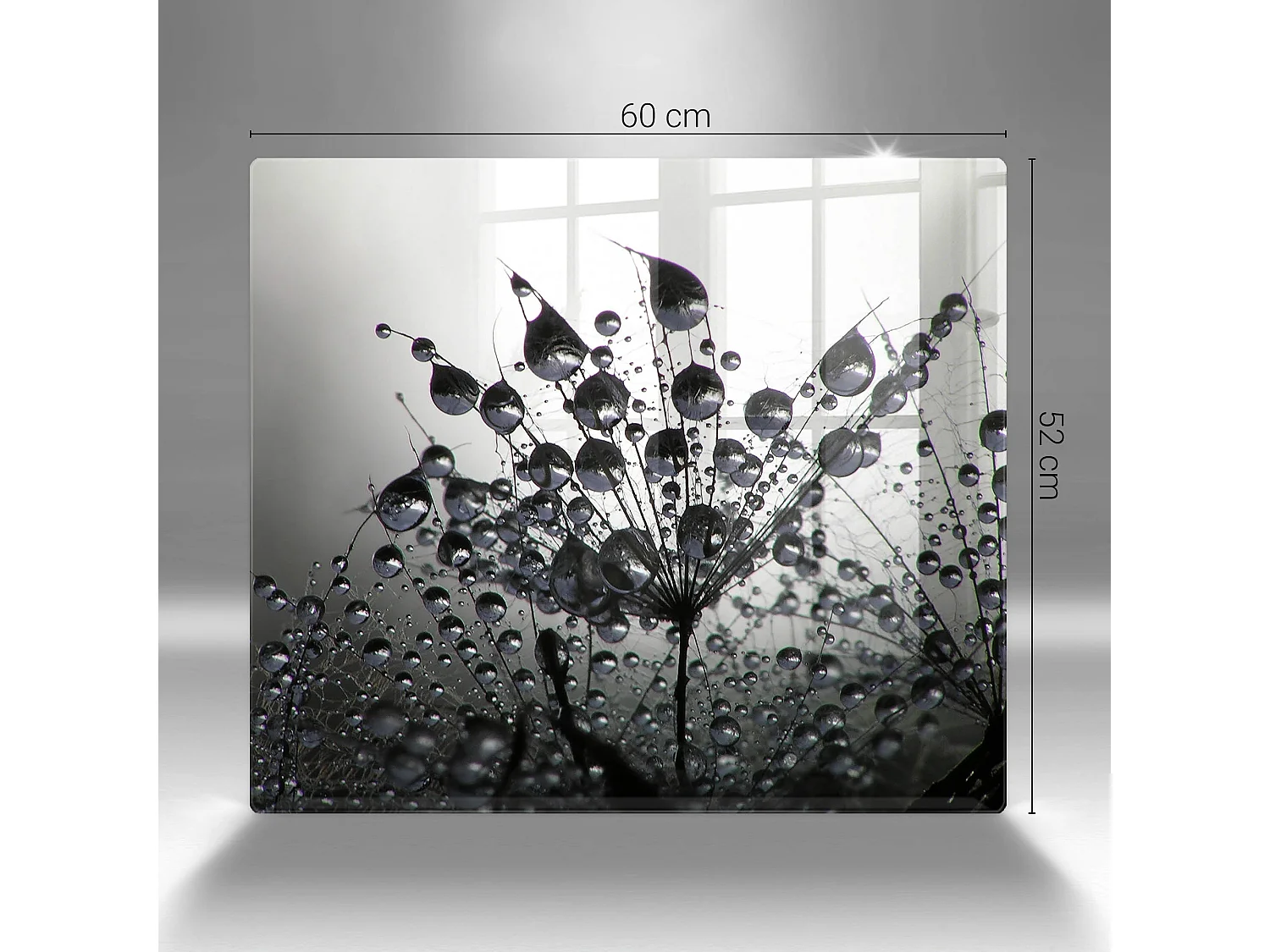 Rechteckiges Küchenbrett aus Glas, 60x52 cm Löwenzahn und Tau