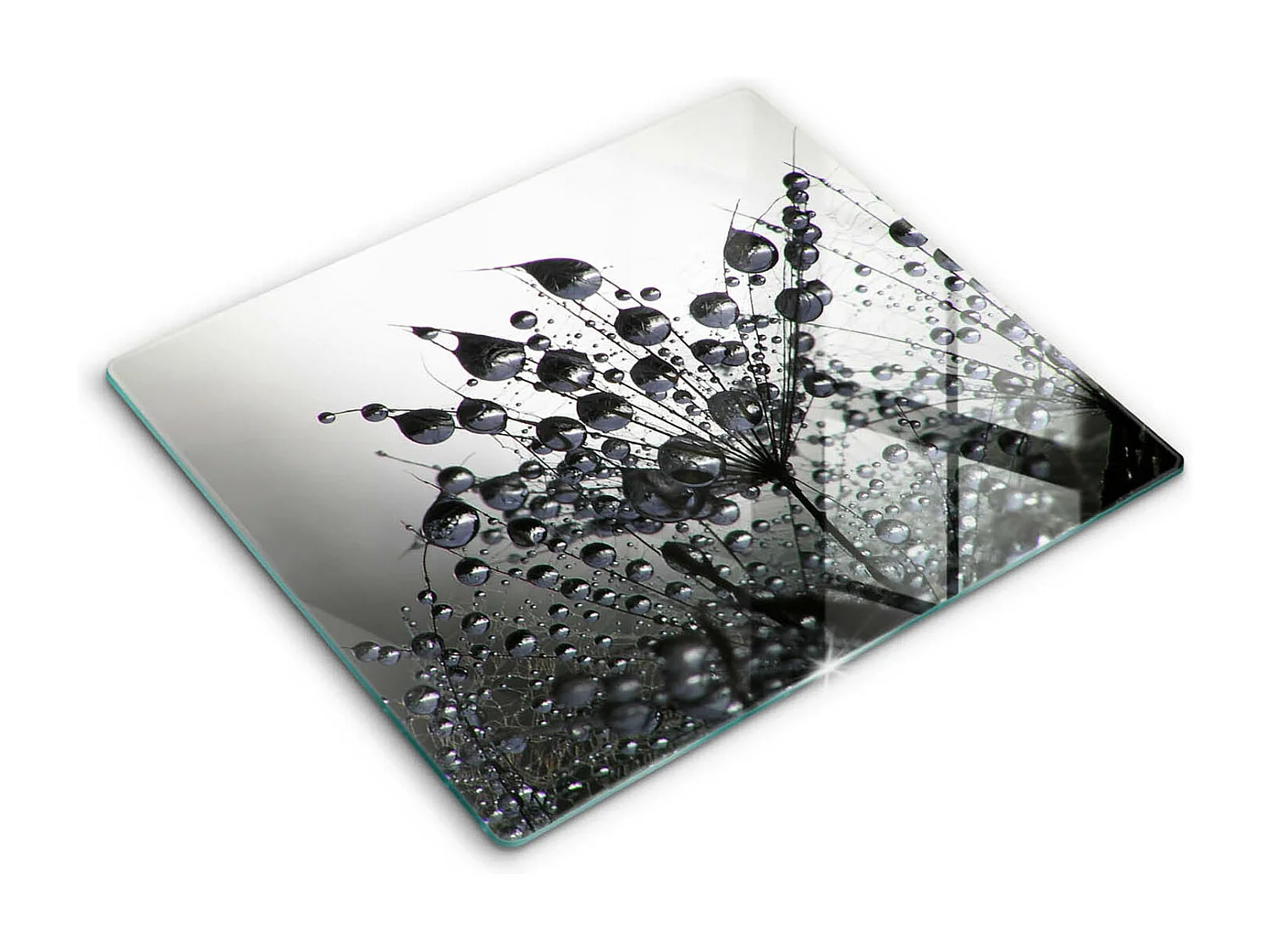Rechteckiges Küchenbrett aus Glas, 60x52 cm Löwenzahn und Tau