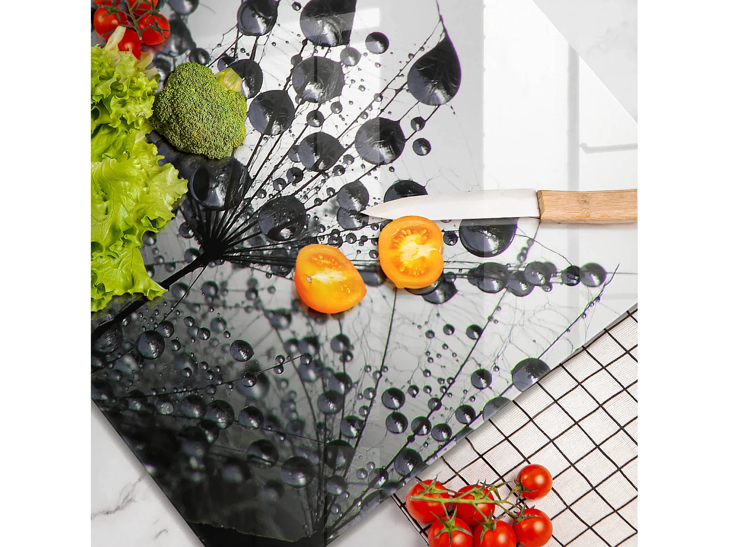 Rechteckiges Küchenbrett aus Glas, 60x52 cm Löwenzahn und Tau