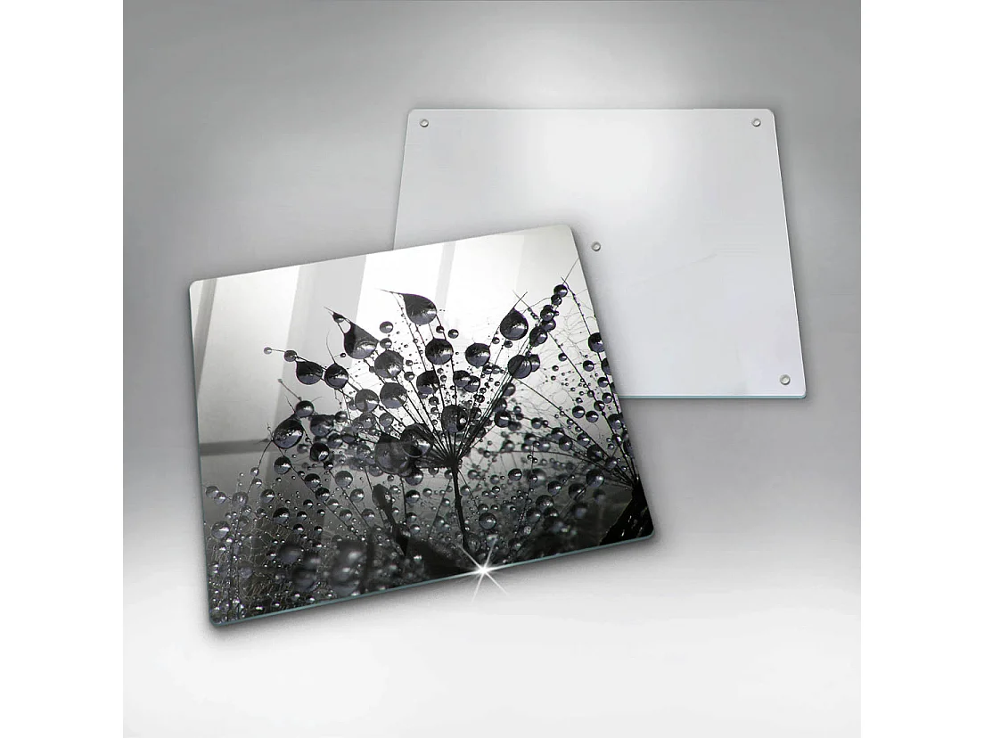 Rechteckiges Küchenbrett aus Glas, 60x52 cm Löwenzahn und Tau