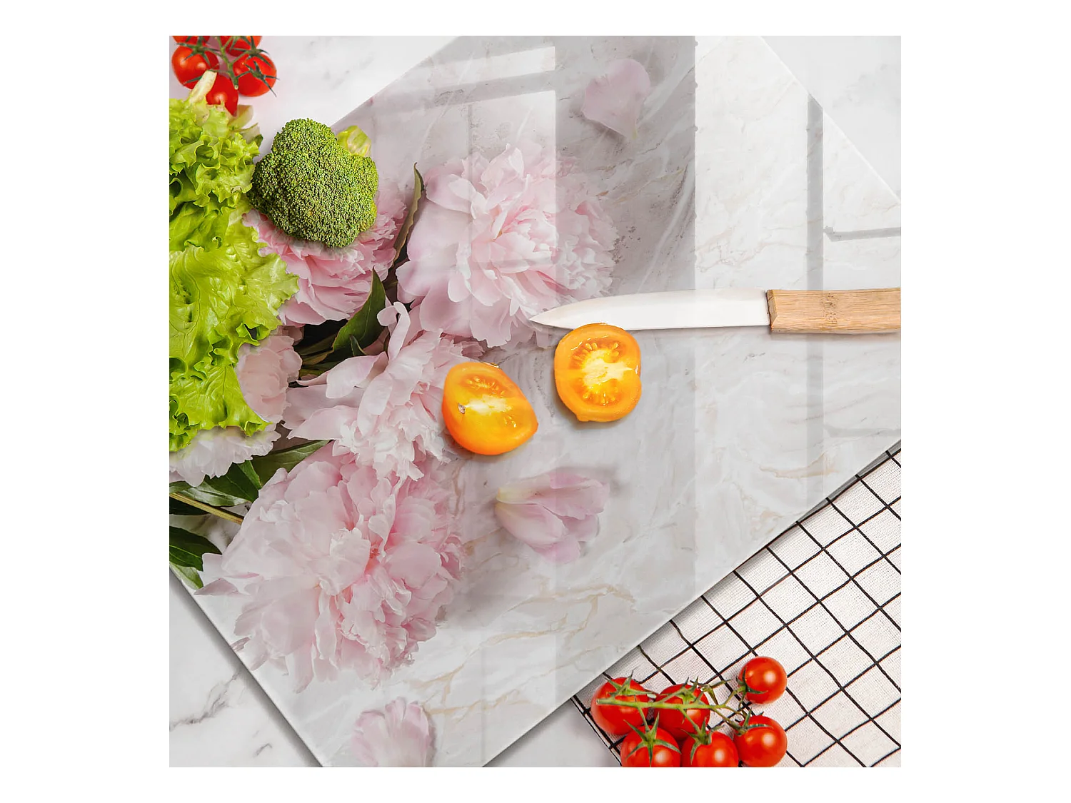 Planche de cuisine rectangulaire en verre, 52x40 cm Fleurs roses délicates