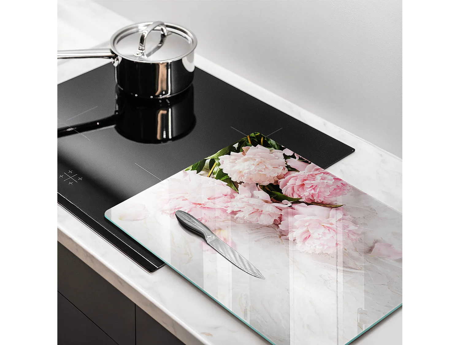 Rechteckiges Küchenbrett aus Glas, 52x40 cm Zarte rosa Blüten