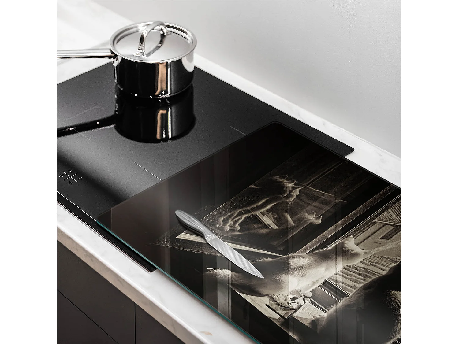 Planche de cuisine rectangulaire en verre, 80x52 cm Chats ville et fenêtre