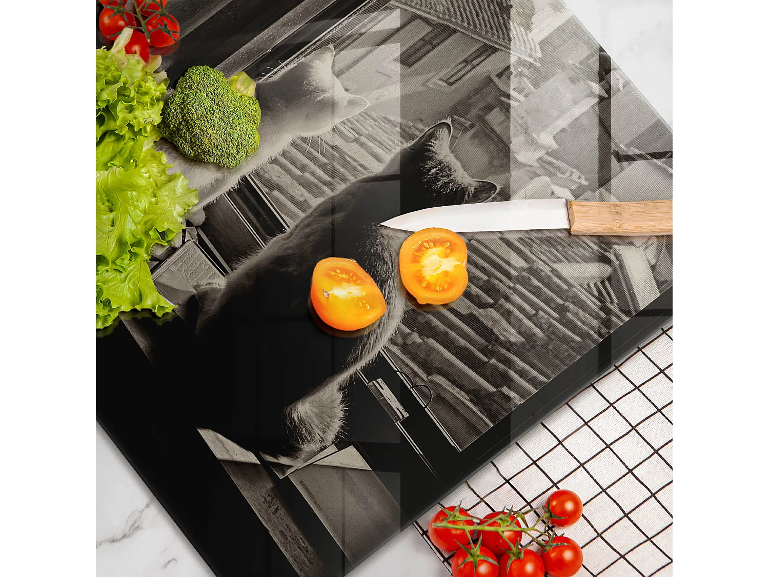 Planche de cuisine rectangulaire en verre, 80x52 cm Chats ville et fenêtre