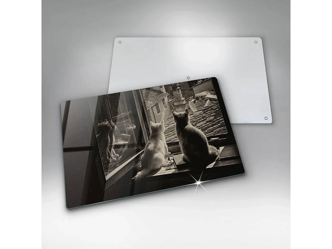 Planche de cuisine rectangulaire en verre, 80x52 cm Chats ville et fenêtre