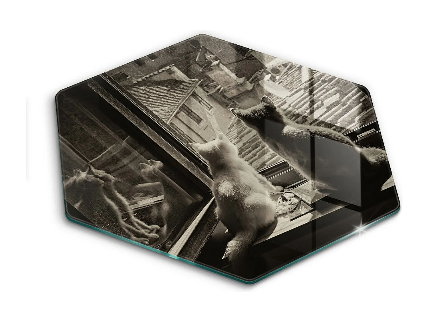 Planche de cuisine hexagonale en verre, 40 cm Chats ville et fenêtre
