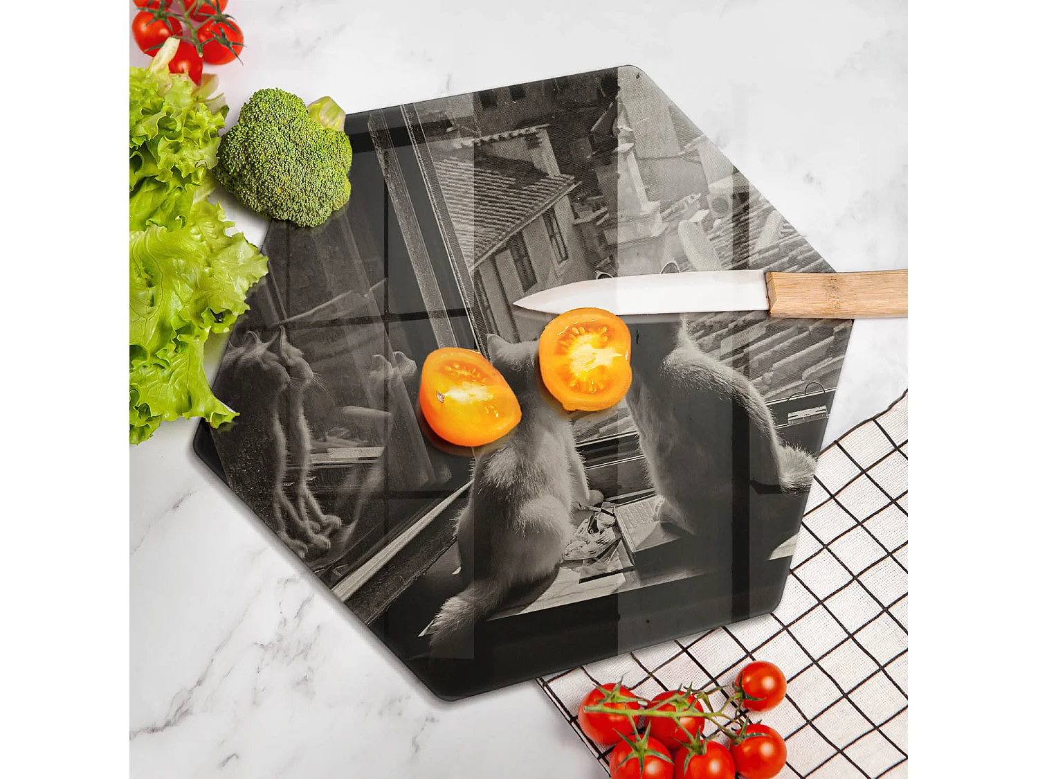 Planche de cuisine hexagonale en verre, 40 cm Chats ville et fenêtre