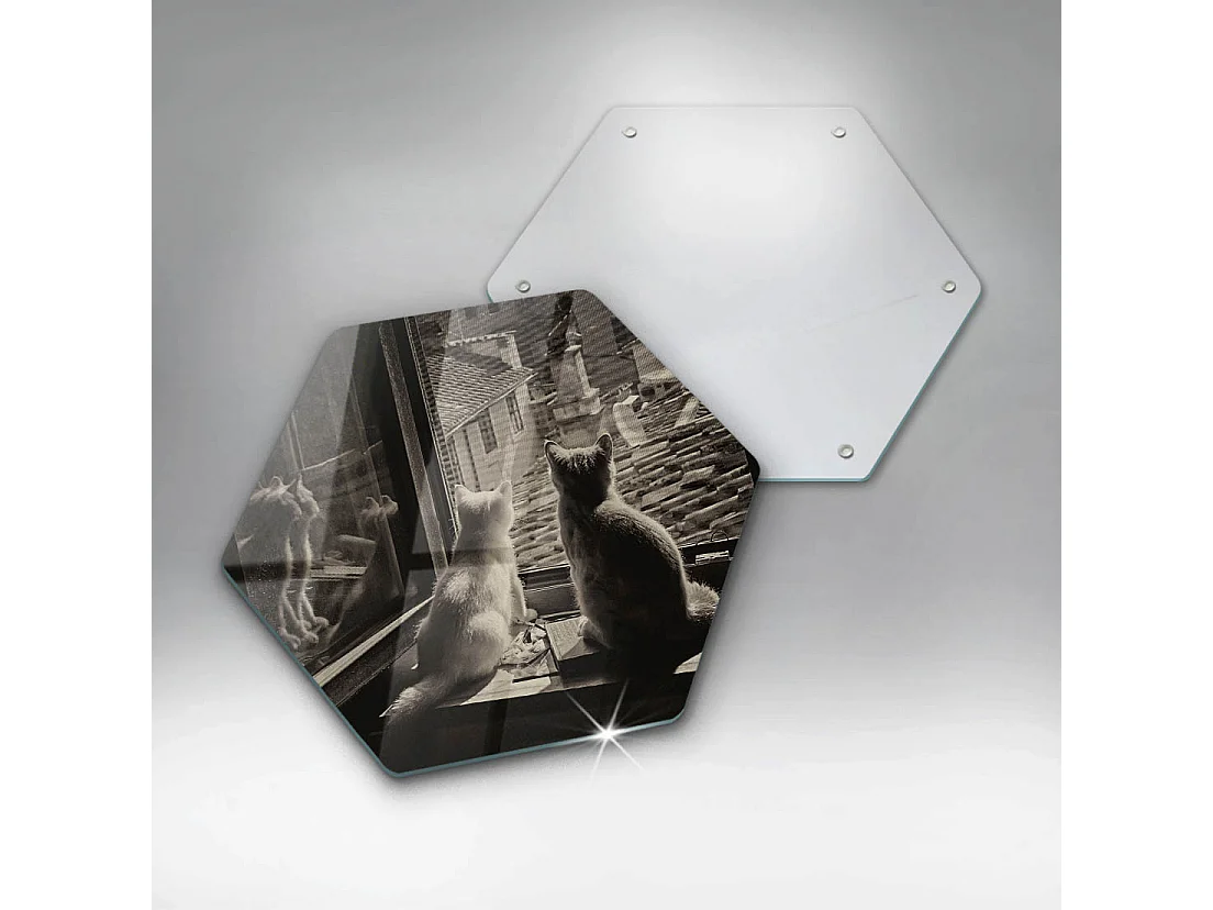 Planche de cuisine hexagonale en verre, 40 cm Chats ville et fenêtre