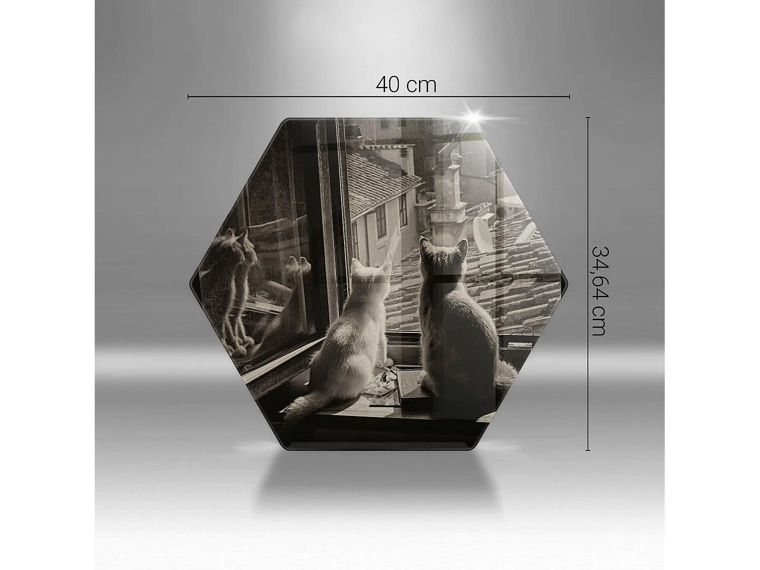 Planche de cuisine hexagonale en verre, 40 cm Chats ville et fenêtre