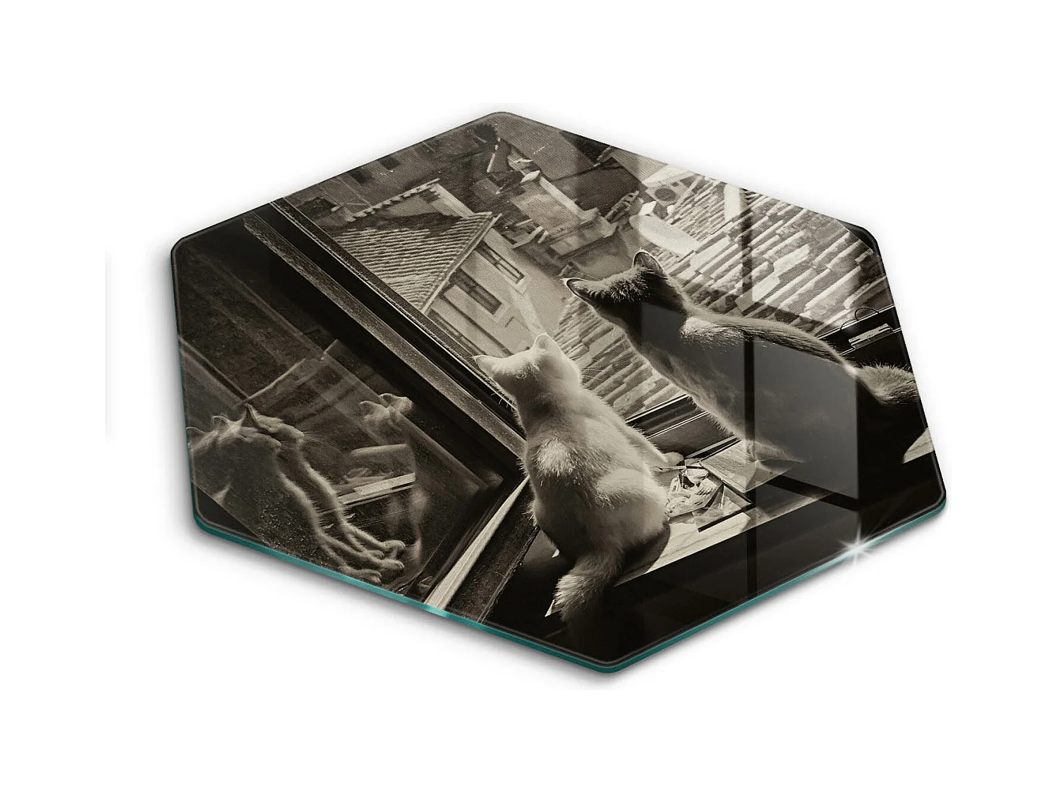 Planche de cuisine hexagonale en verre, 40 cm Chats ville et fenêtre