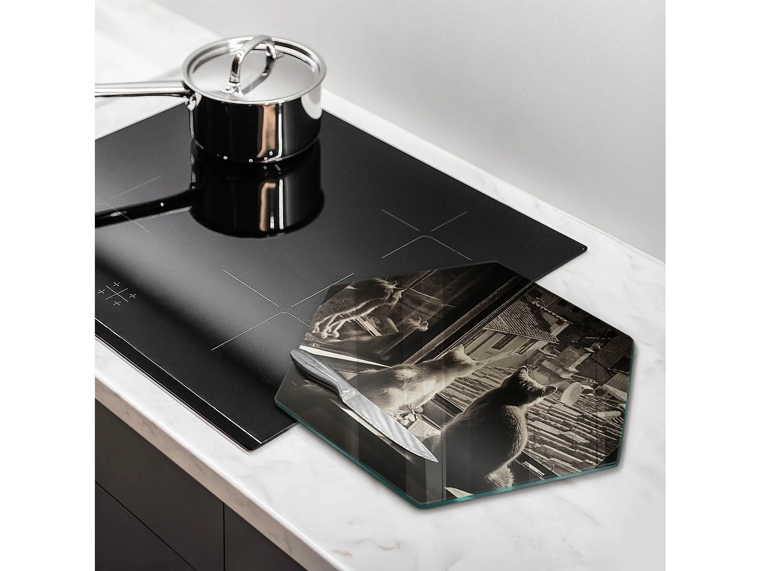 Sechseckiges Küchenbrett aus Glas, 40 cm, Katzenstadt und Fenster