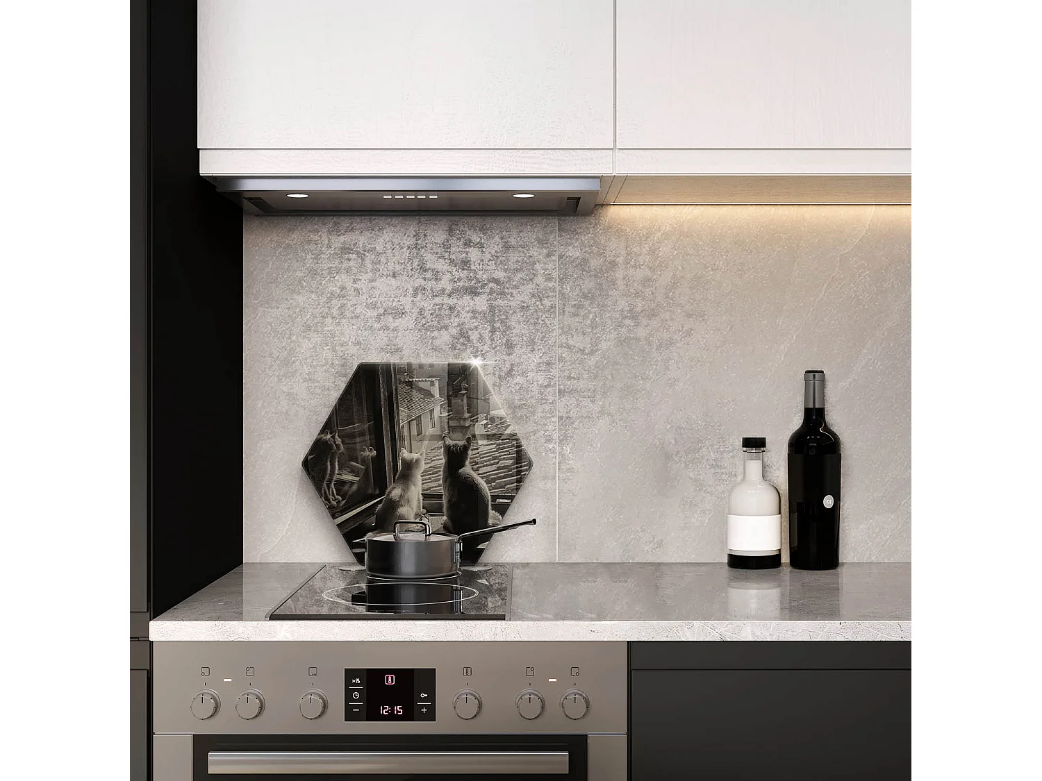 Sechseckiges Küchenbrett aus Glas, 40 cm, Katzenstadt und Fenster