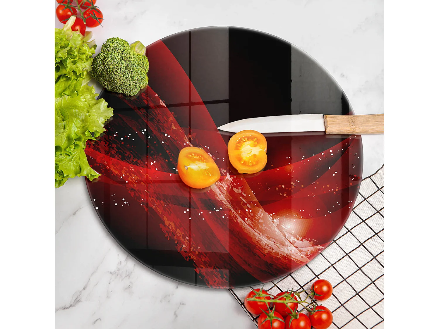 Rundes Küchenbrett aus Glas, 40 cm. Moderne Abstraktion