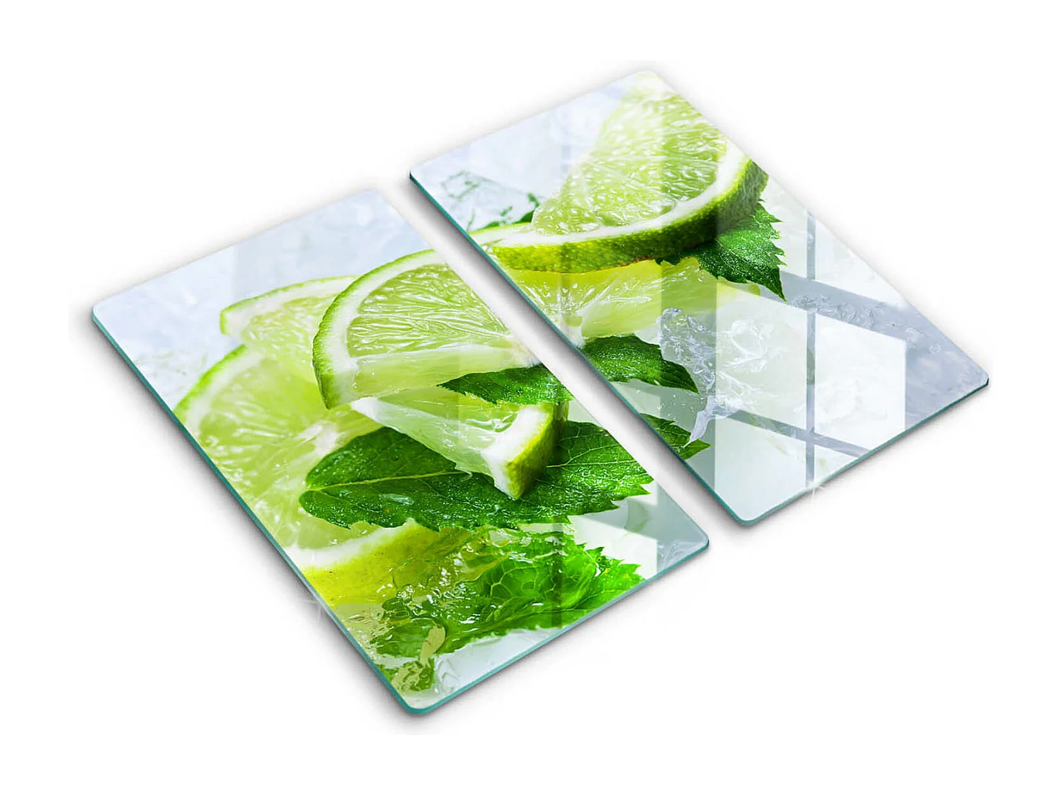 Planche de cuisine rectangulaire en verre, 2 pièces 30x52 cm Citron vert, menthe et glace