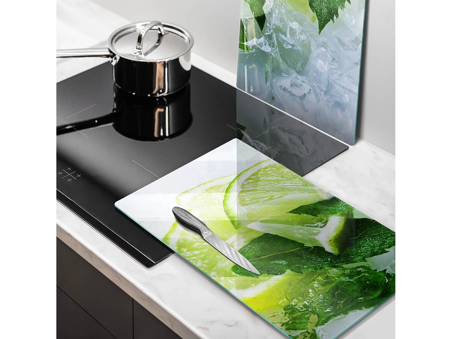 Planche de cuisine rectangulaire en verre, 2 pièces 30x52 cm Citron vert, menthe et glace