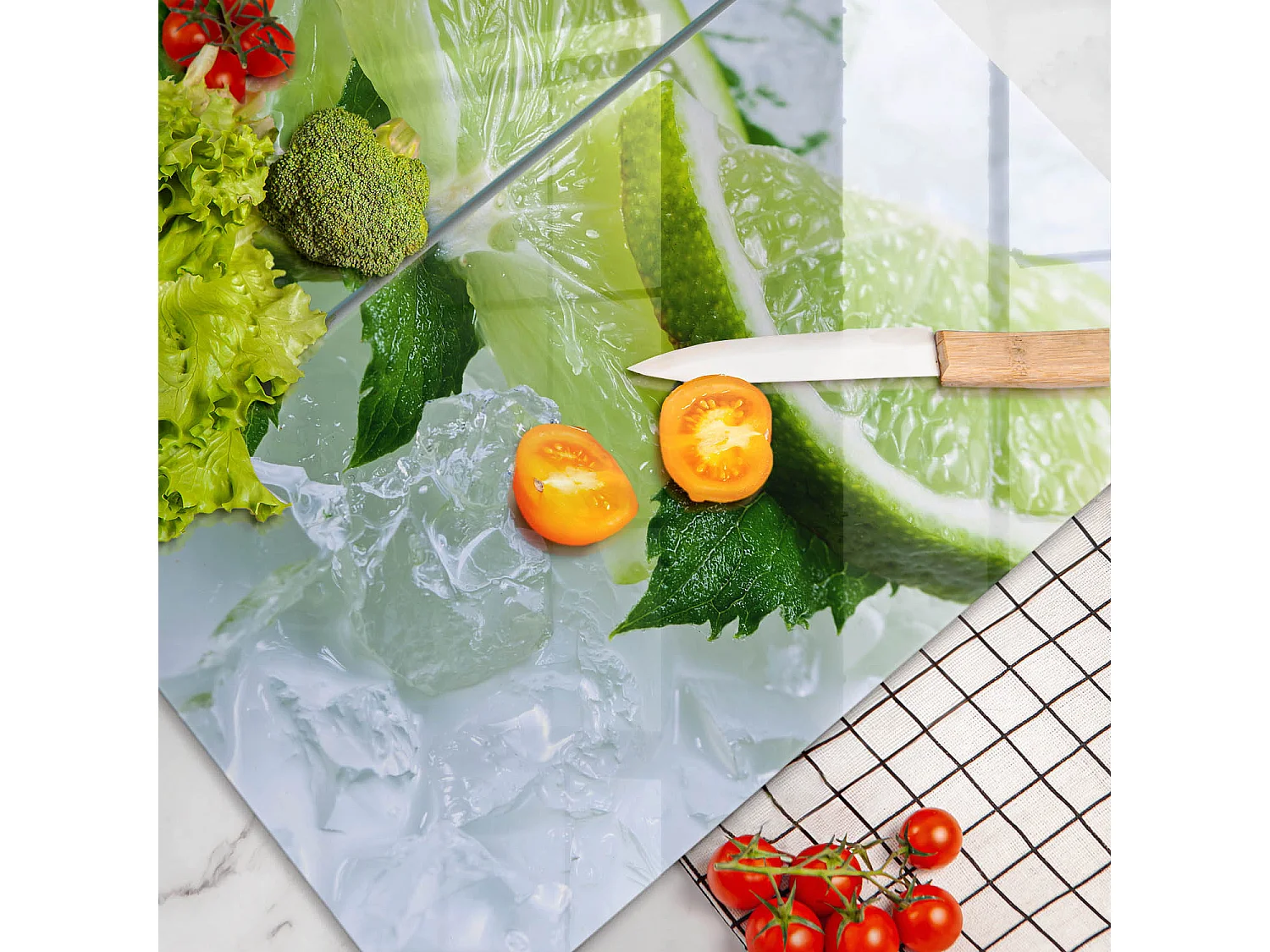 Planche de cuisine rectangulaire en verre, 2 pièces 30x52 cm Citron vert, menthe et glace