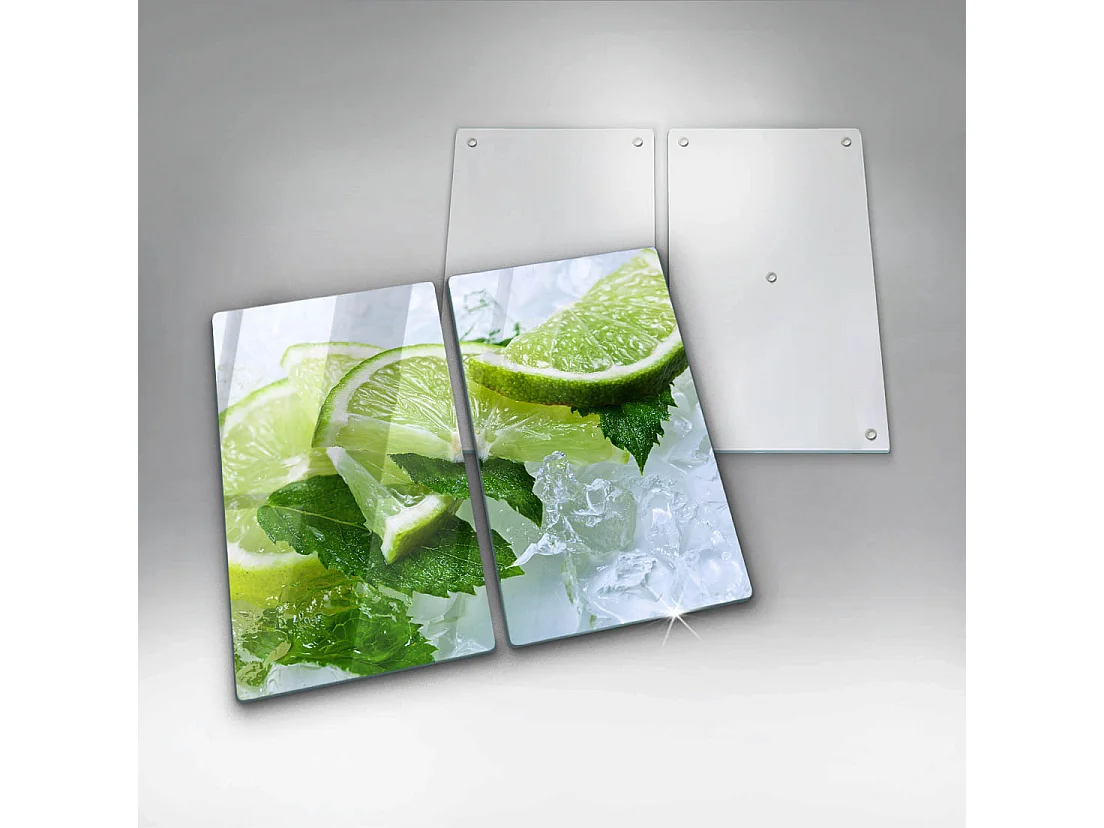 Planche de cuisine rectangulaire en verre, 2 pièces 30x52 cm Citron vert, menthe et glace