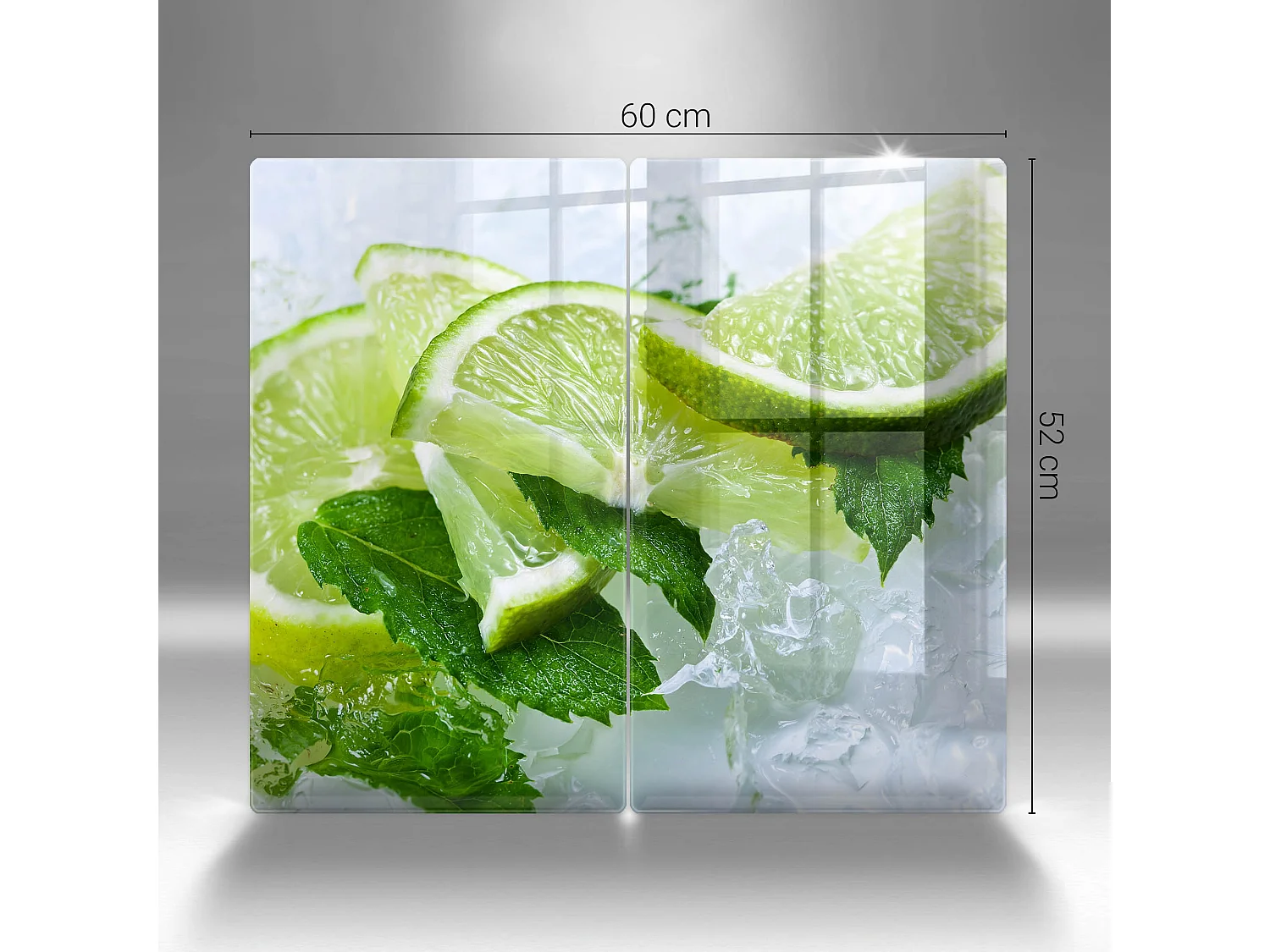Planche de cuisine rectangulaire en verre, 2 pièces 30x52 cm Citron vert, menthe et glace