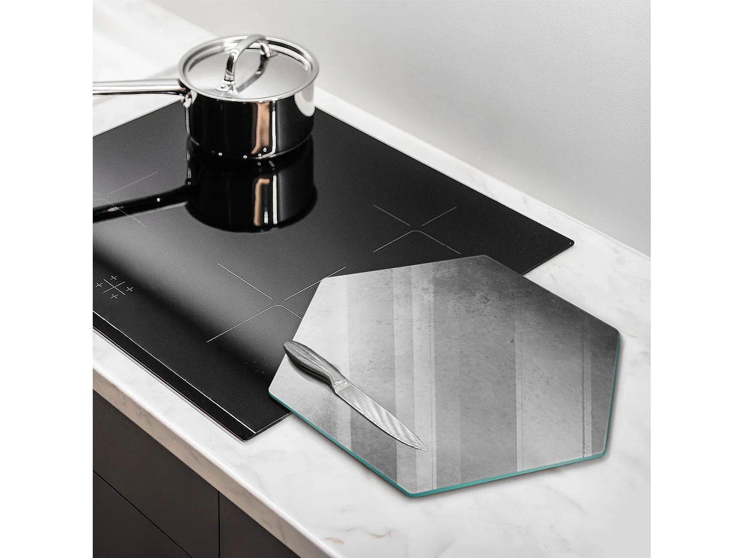 Planche de cuisine hexagonale en verre, 40 cm, fond texture béton