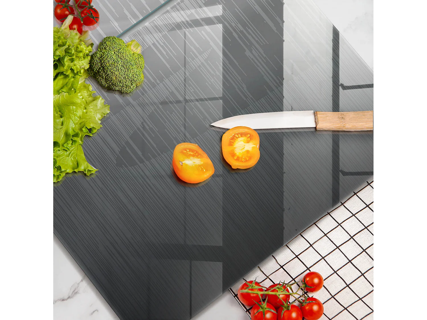 Rechteckiges Küchenbrett aus Glas, 2 Stück, 40x52 cm, Metallstruktur