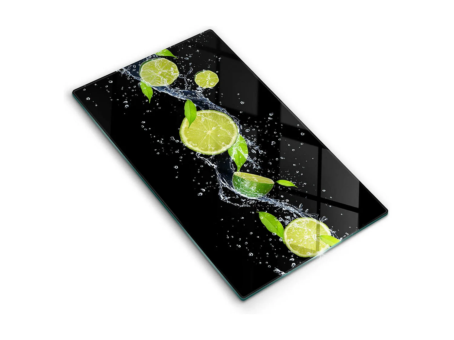 Planche de cuisine rectangulaire en verre, 30x52 cm Citrons verts juteux dans l'eau