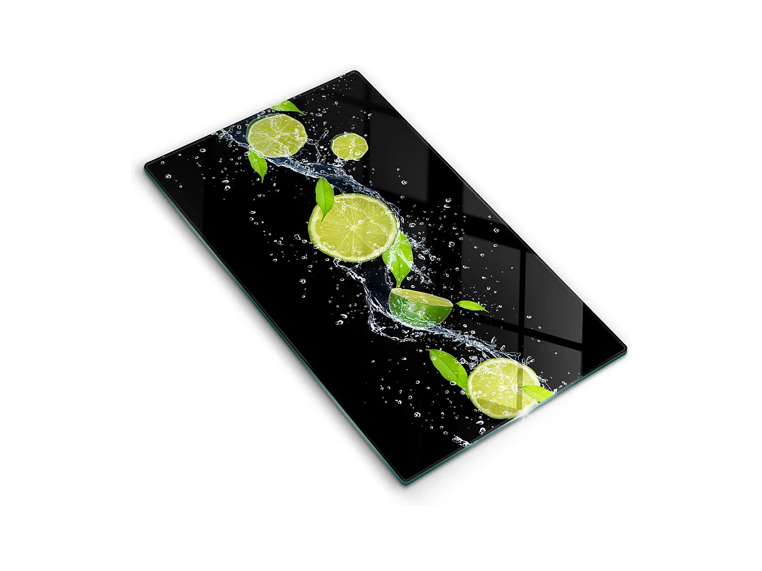 Planche de cuisine rectangulaire en verre, 30x52 cm Citrons verts juteux dans l'eau