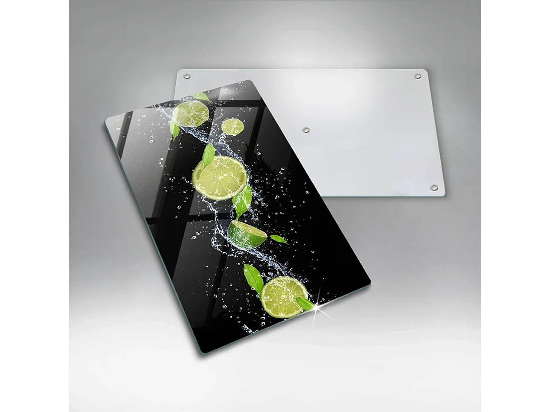 Rechteckiges Küchenbrett aus Glas, 30x52 cm Saftige Limetten in Wasser