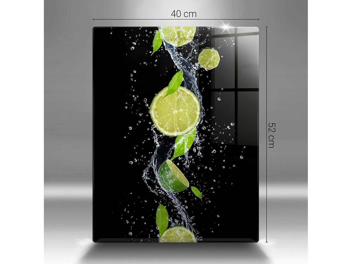 Rechteckiges Küchenbrett aus Glas, 30x52 cm Saftige Limetten in Wasser