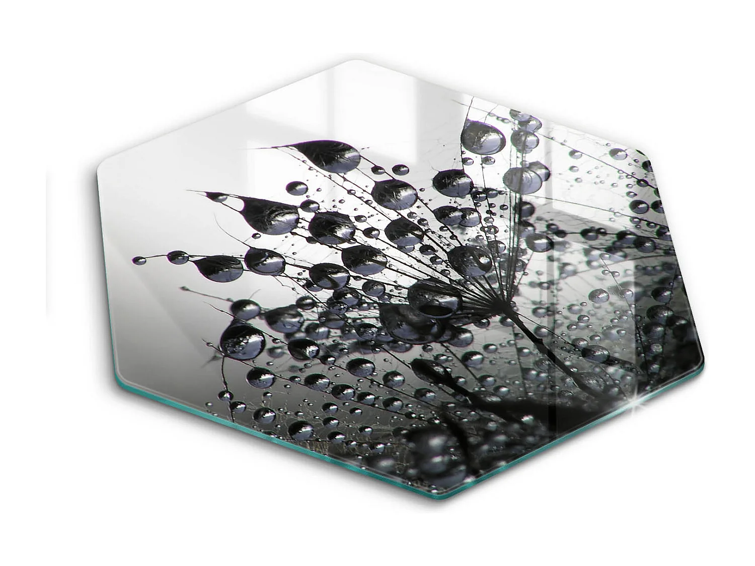 Planche de cuisine hexagonale en verre, 40 cm Pissenlits et rosée