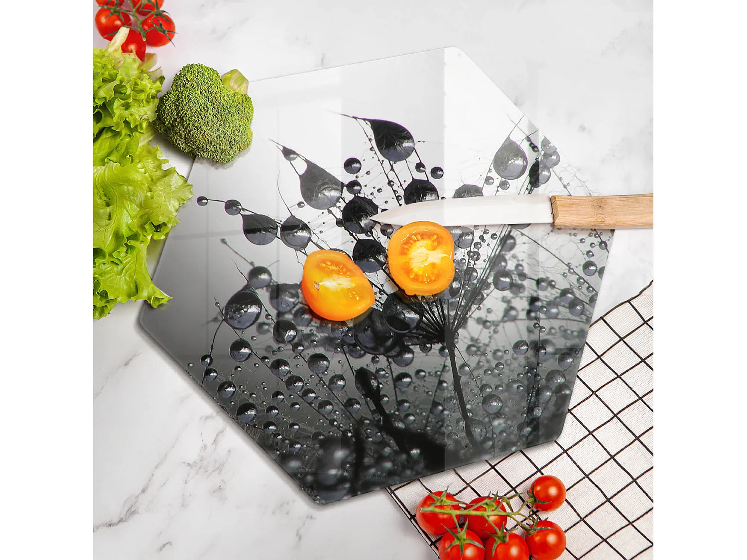 Planche de cuisine hexagonale en verre, 40 cm Pissenlits et rosée