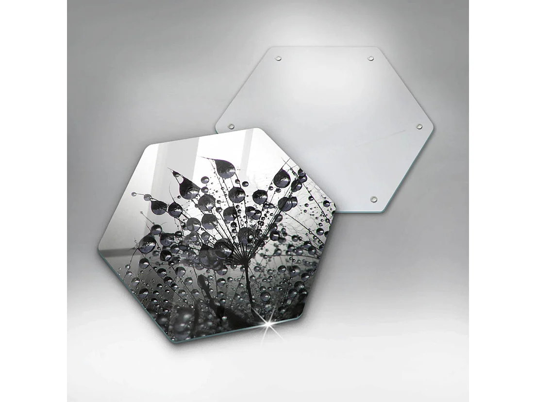 Planche de cuisine hexagonale en verre, 40 cm Pissenlits et rosée