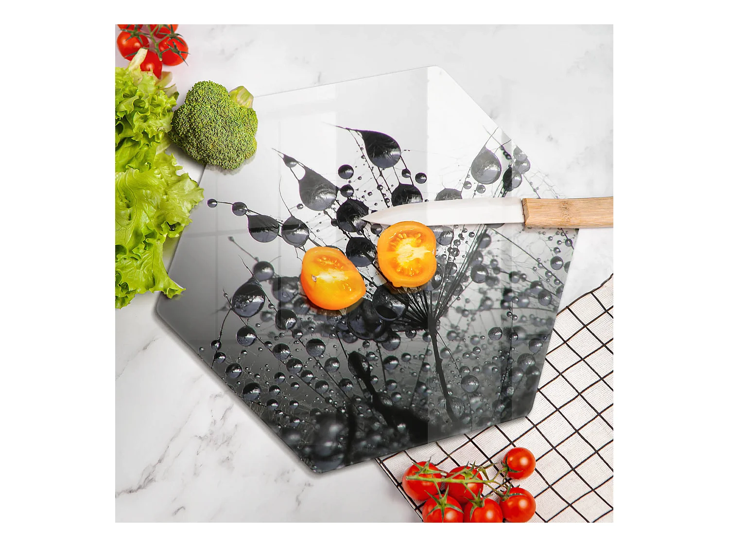 Planche de cuisine hexagonale en verre, 40 cm Pissenlits et rosée