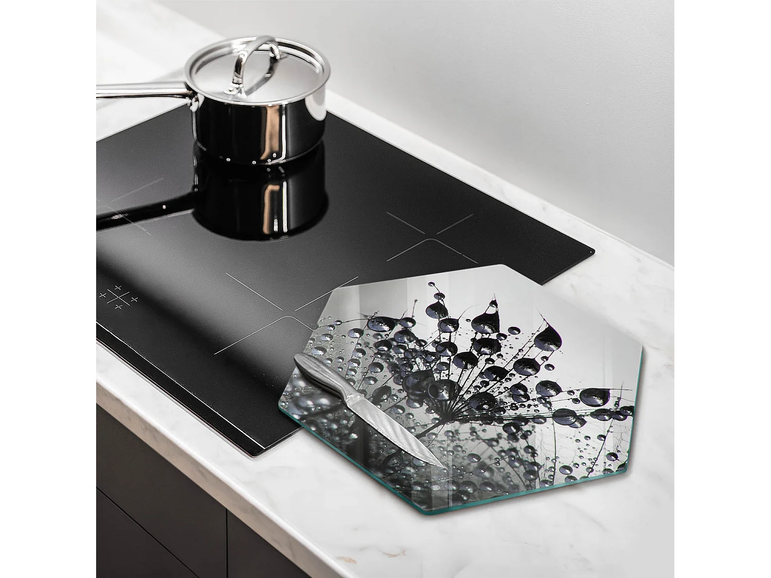 Planche de cuisine hexagonale en verre, 40 cm Pissenlits et rosée