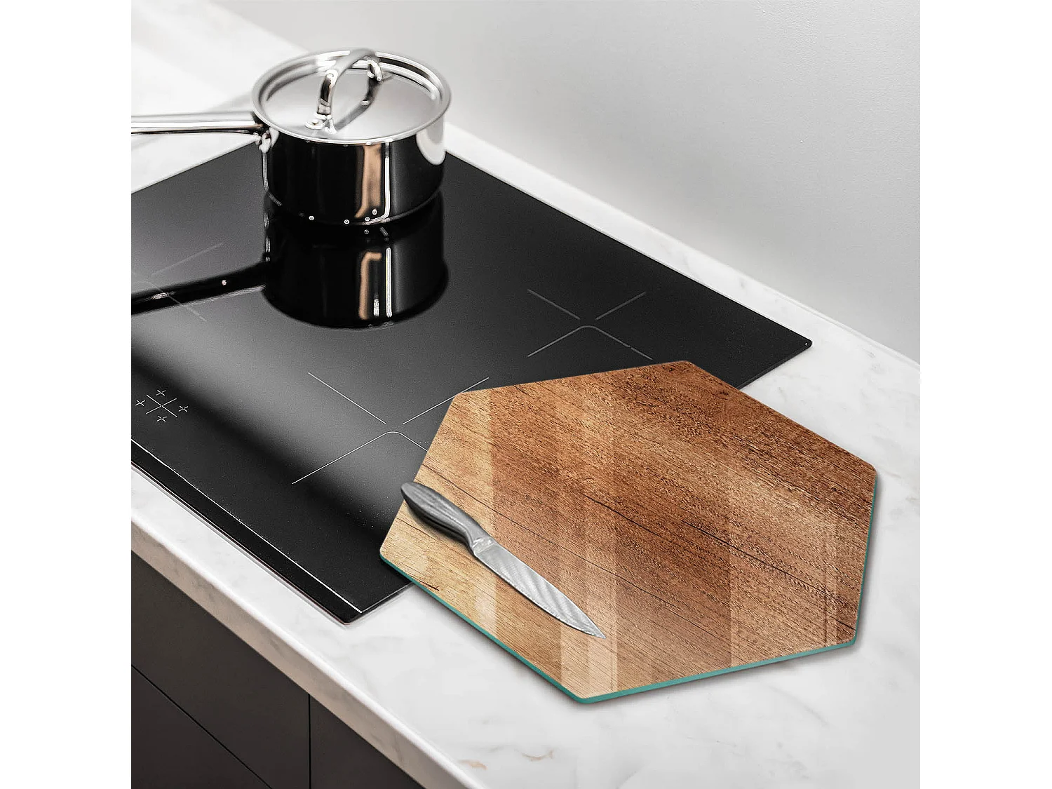 Planche de cuisine hexagonale en verre, 40 cm, texture bois