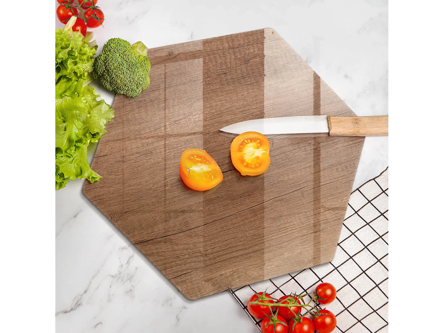 Planche de cuisine hexagonale en verre, 40 cm, texture bois