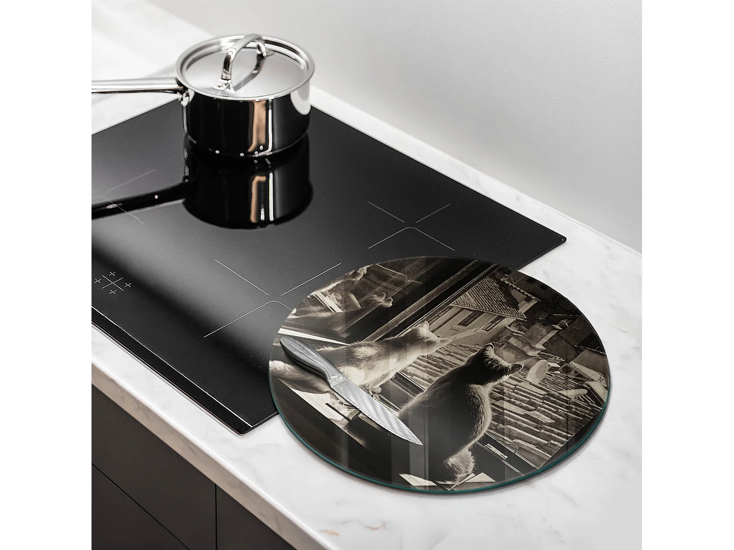 Rond glazen keukenplank 40 cm Kattenstad en raam