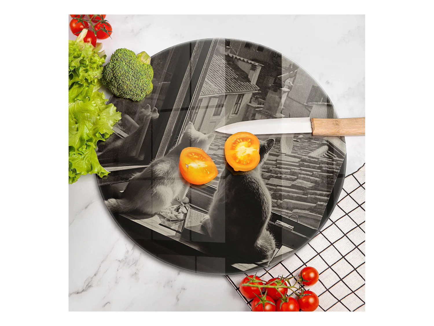 Rond glazen keukenplank 40 cm Kattenstad en raam