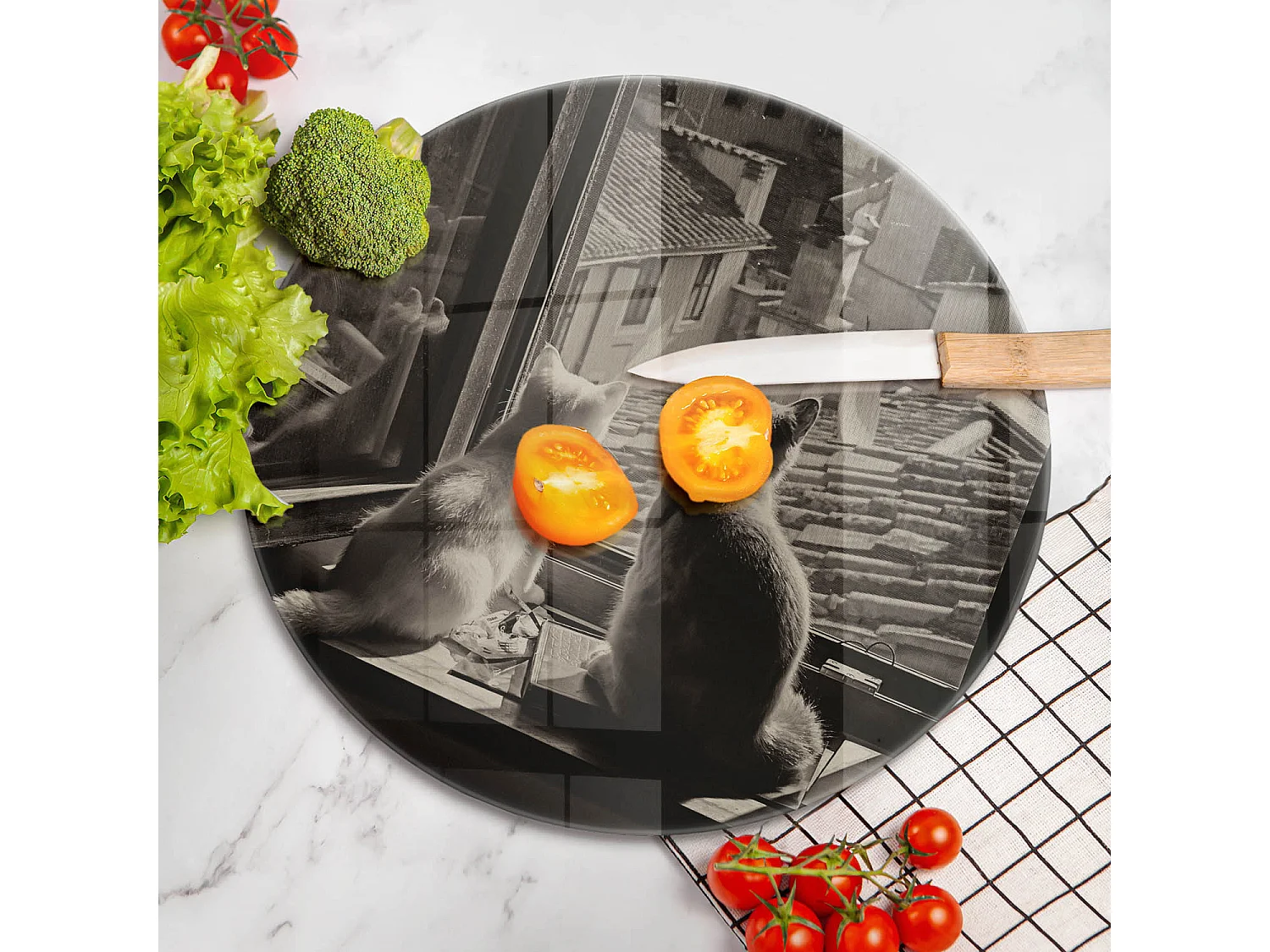 Rond glazen keukenplank 40 cm Kattenstad en raam